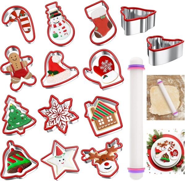 12 Pcs Christmas Cookie Cutters Set, Holiday Cookie Cutters Stainless Steel Cookie Cutters Christmas Shapes with Grip and Rolling Pin, Snowflake, Gingerbread, etc for Xmas Party Supplies Baking Gifts - Image 3