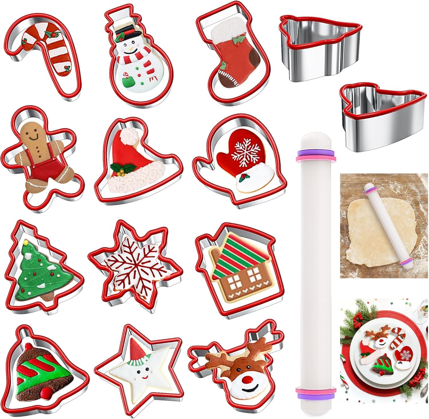 12 Pcs Christmas Cookie Cutters Set, Holiday Cookie Cutters Stainless Steel Cookie Cutters Christmas Shapes with Grip and Rolling Pin, Snowflake, Gingerbread, etc for Xmas Party Supplies Baking Gifts - Image 3
