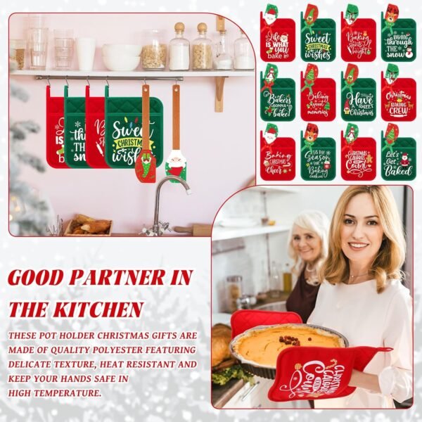24 Pcs Christmas Pot Holders and Silicone Spatula Set Christmas Hot Pads with Pocket Xmas Scraper with Wooden Handle Heat Resistant Oven Mitt Cookie Bag for Baking Cooking Appreciation Gift - Image 7