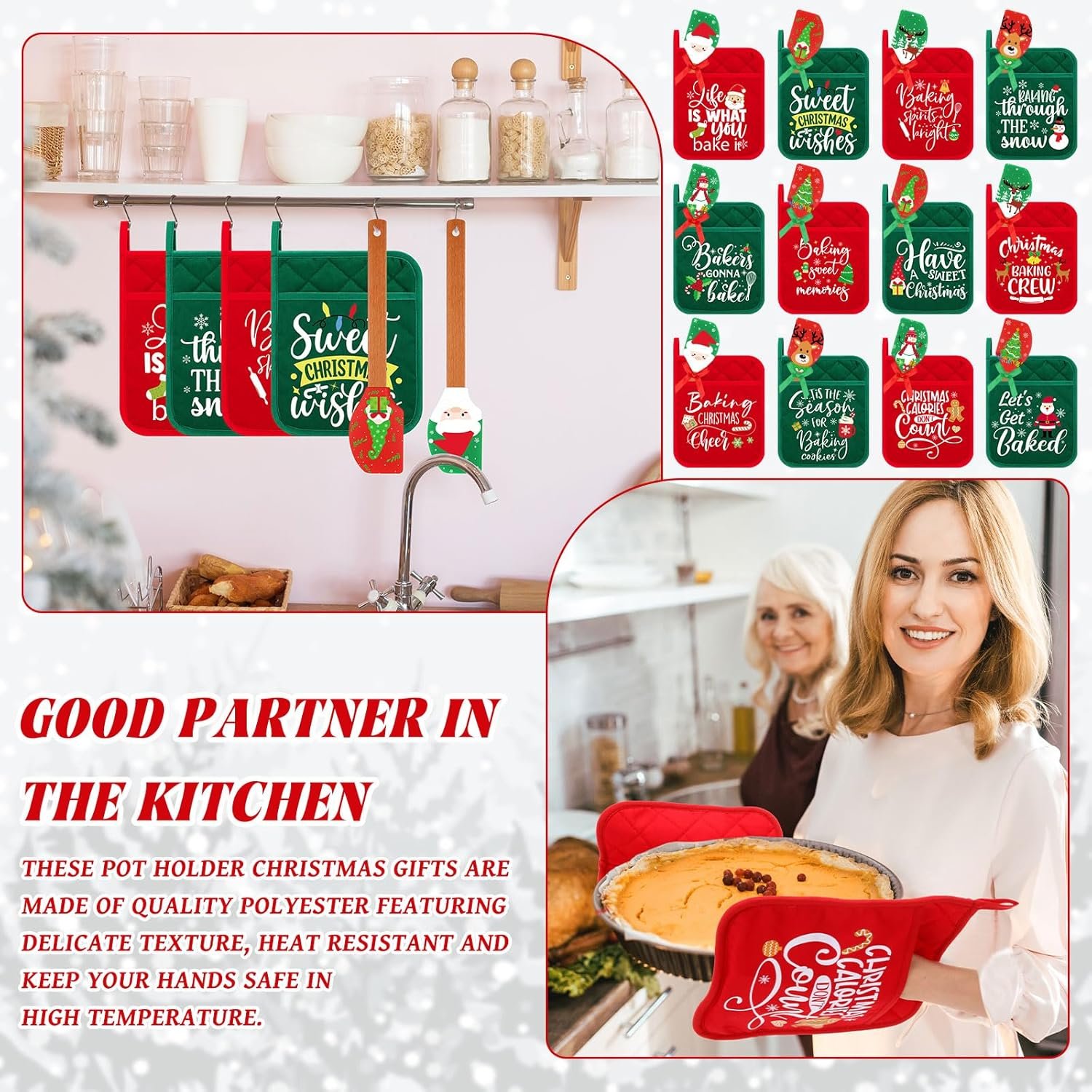 24 Pcs Christmas Pot Holders and Silicone Spatula Set Christmas Hot Pads with Pocket Xmas Scraper with Wooden Handle Heat Resistant Oven Mitt Cookie Bag for Baking Cooking Appreciation Gift - Image 7