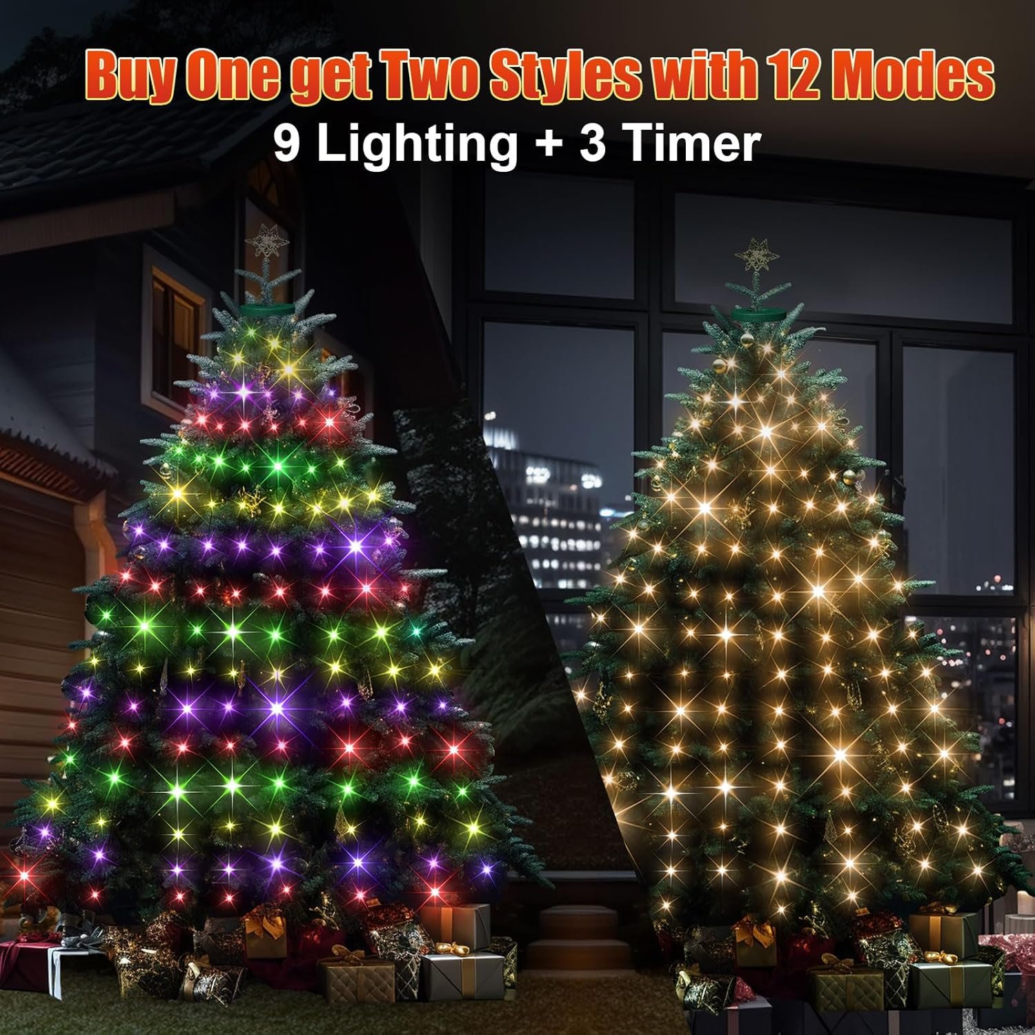 12 Modes Easy Christmas Tree Lights with Ring Indoor Outdoor - 6.56Ft x 12 Lines String 288 LED Timer Dimmable Remote Waterproof Light for 6 7 Ft Xmas Trees (Warm White or Multicolor) - Image 3