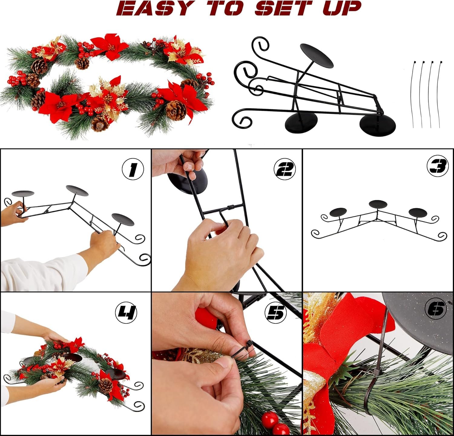 Joliyoou Christmas Tabletop Centerpieces, Metal Candle Holder with 3 Flameless Candles Lights, Poinsettia Adorned Candelabrum for Xmas Holiday Table Mantle Decoration, 17.5 x 9.8 x 4.7 Inch - Image 4