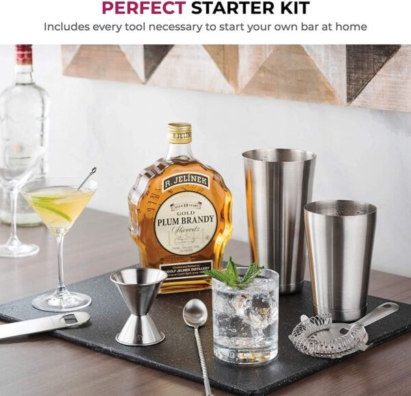 Expert Cocktail Shaker Home Bar Set - 14 Piece Stainless Steel Bar Tools Kit with Shaking Tins, Flat Bottle Opener, Double Bar Jigger, Hawthorne Strainer, Shot Glasses, Bar Spoon, and 6 Pour Spouts. - Image 4