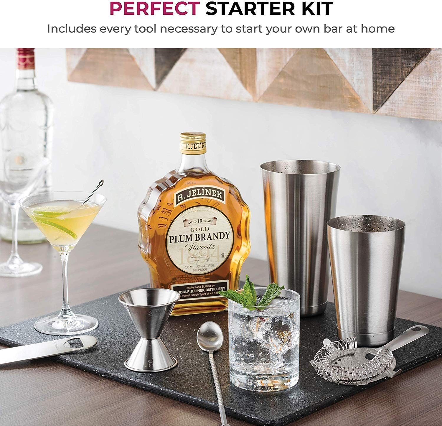 Expert Cocktail Shaker Home Bar Set - 14 Piece Stainless Steel Bar Tools Kit with Shaking Tins, Flat Bottle Opener, Double Bar Jigger, Hawthorne Strainer, Shot Glasses, Bar Spoon, and 6 Pour Spouts. - Image 4