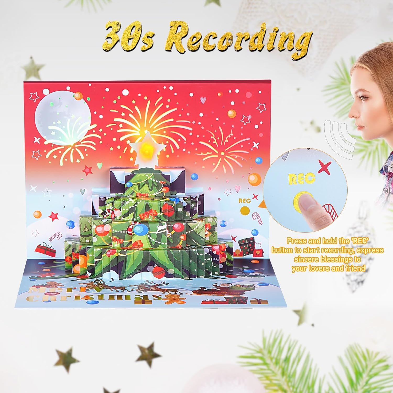 Voice Recordable Music Christmas Greeting Card, 30s Recording, 3D Pop-Up Christmas Card Lighting Fireplace & Firework Sounds or Women Men Kids and Christmas Holiday (Christmas Tree) - Image 3