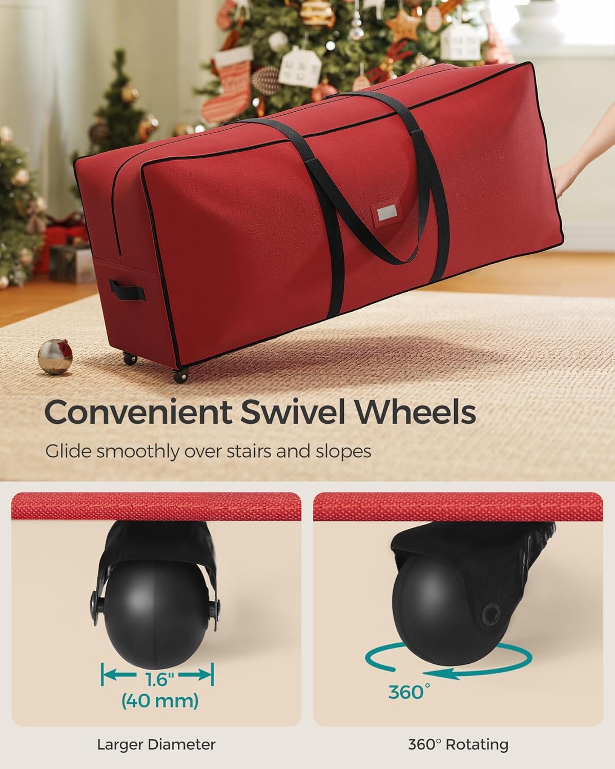 SONGMICS Christmas Tree Storage Bag with 1.6-Inch Wheels, Rolling Storage Bag, up to 7.5 ft, For Disassembled Holiday Tree, Length-Adjustable Handles, 600D Oxford Fabric, Cherry Red URXS004R03 - Image 4