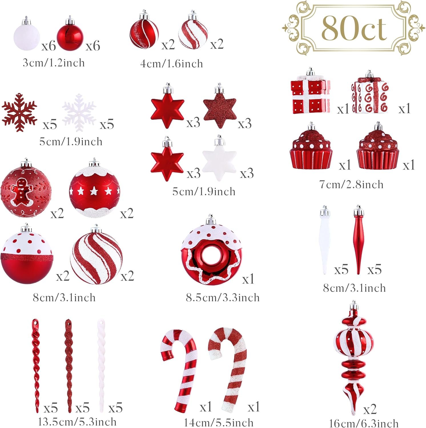 Valery Madelyn Christmas Ball Ornaments Set, 80ct Candy Cane Red and White Shatterproof Christmas Tree Decorations, Variety Decorative Hanging Ornaments for Xmas Trees Bulk Holiday Party Decor - Image 4