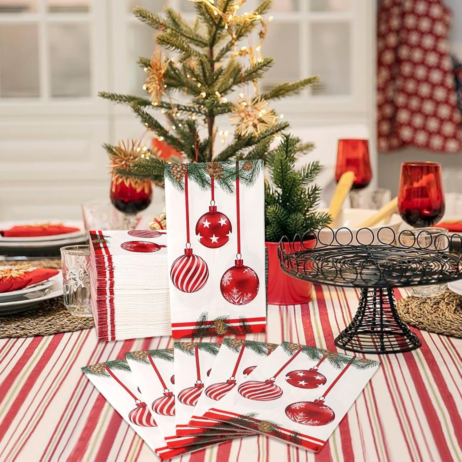 100 PCS Christmas Disposable Paper,3 Ply Decorative Guest Napkins,Xmas Balls for Party Lunch Dinner Kitchen Bathroom Table Decor - Image 5
