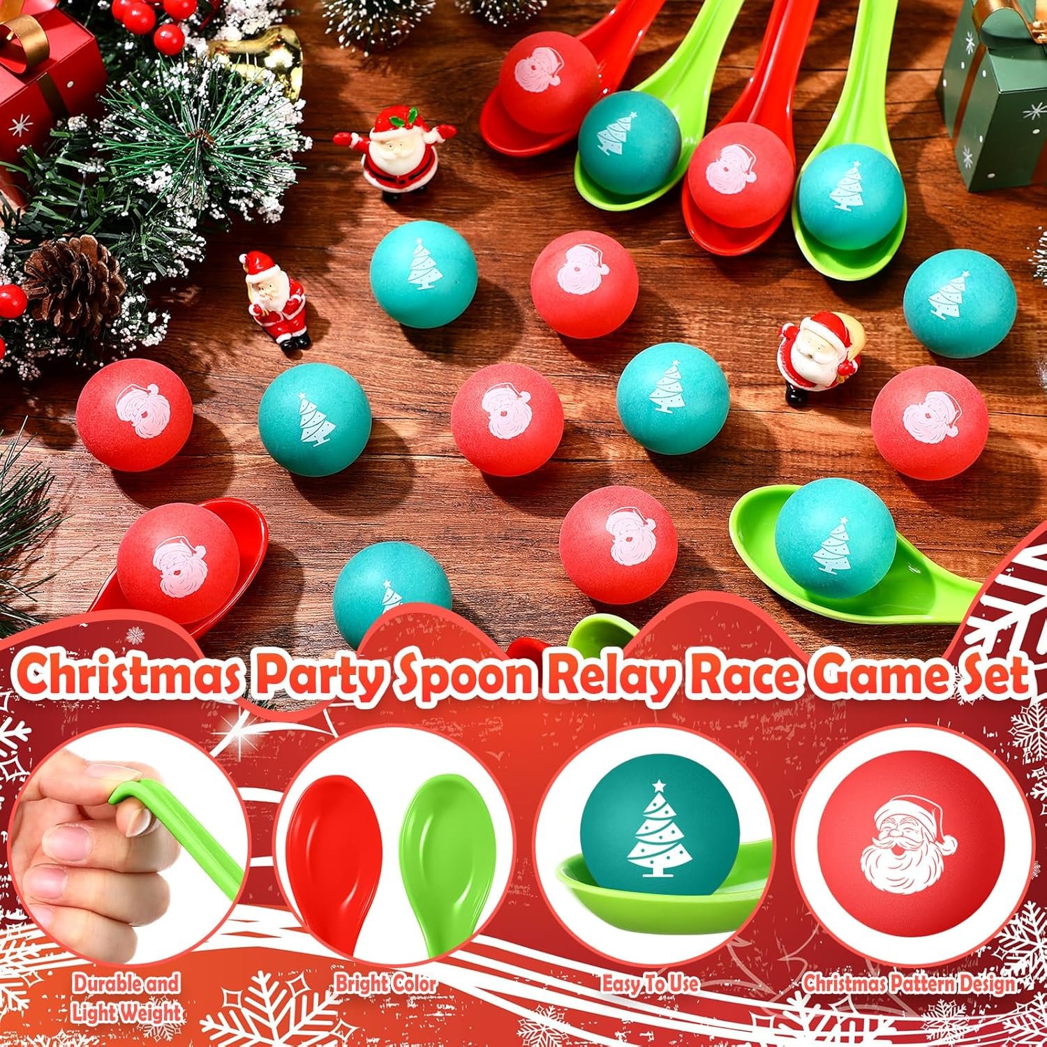 48 Pack Christmas Game Spoon Relay Race Toy Set Christmas Tree Santa Snowman Reindeer Ball and Spoon Race Game for Indoor Outdoor Decoration Christmas Party Holiday Favor(Tree, Santa) - Image 4