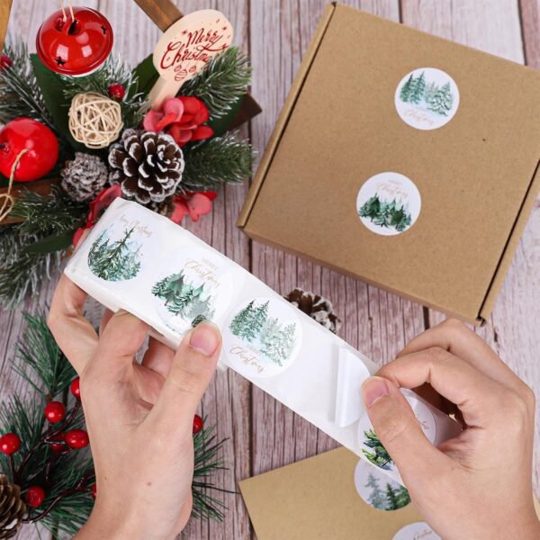 Whaline 1000Pcs Merry Christmas Stickers Roll Watercolor Forest Decals Green Xmas Tree Adhesive Decorative Round Seal Stickers for Gift Greeting Card Party Supplies - Image 4