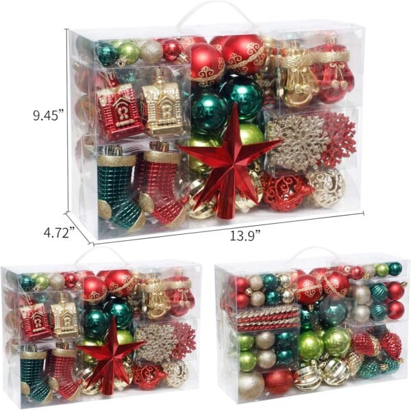 Christmas Tree Ornament, 132pcs Christmas Tree Decoration Set Red Green Gold Christmas Ball Shatterproof Hanging Tree Ornament Assortment Set - Image 4