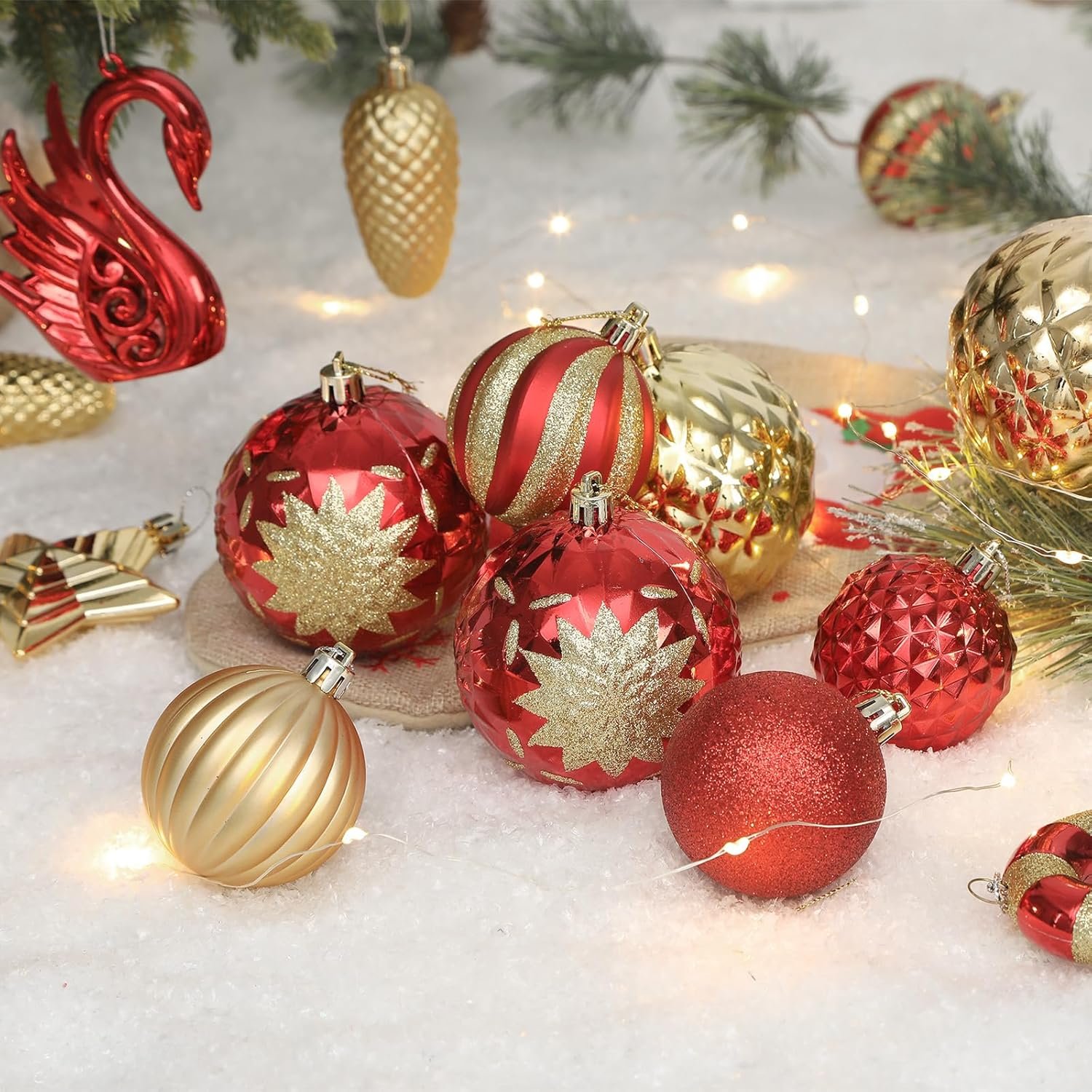 128pcs Christmas Balls Ornaments Set, Shatterproof Plastic Baubles Christmas Flowers, Ribbon and Tree Topper for Xmas Tree Holiday Wedding Party Decorations with Hanging Strings, Red and Gold - Image 6