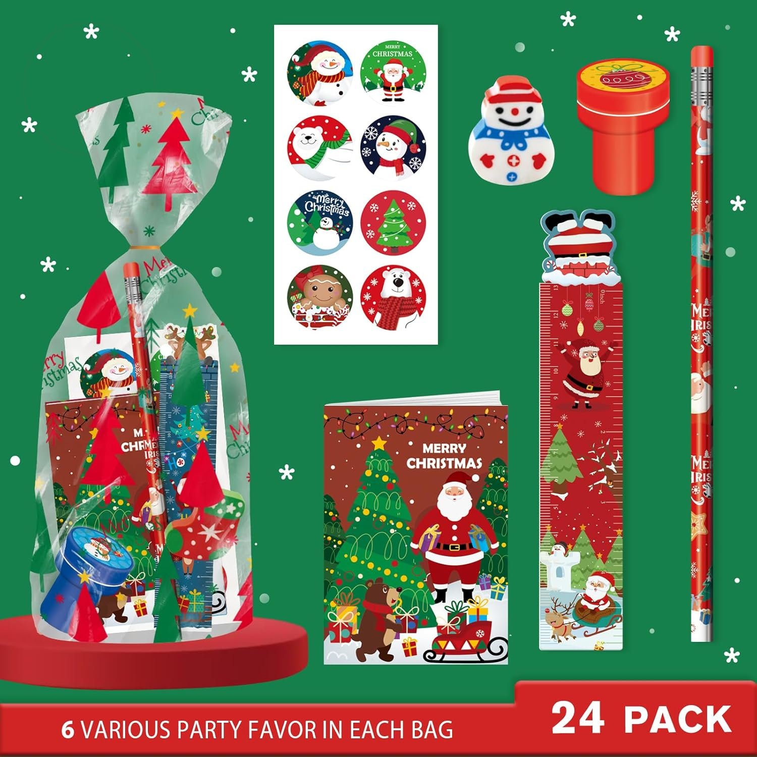 168 Pcs Christmas Party Favors Bulk for Kids-24-Pack Christmas Stationery Set for Stocking Stuffers, Christmas-Themed Classroom Gift Exchange School Games Prizes Carnival Events - Image 3