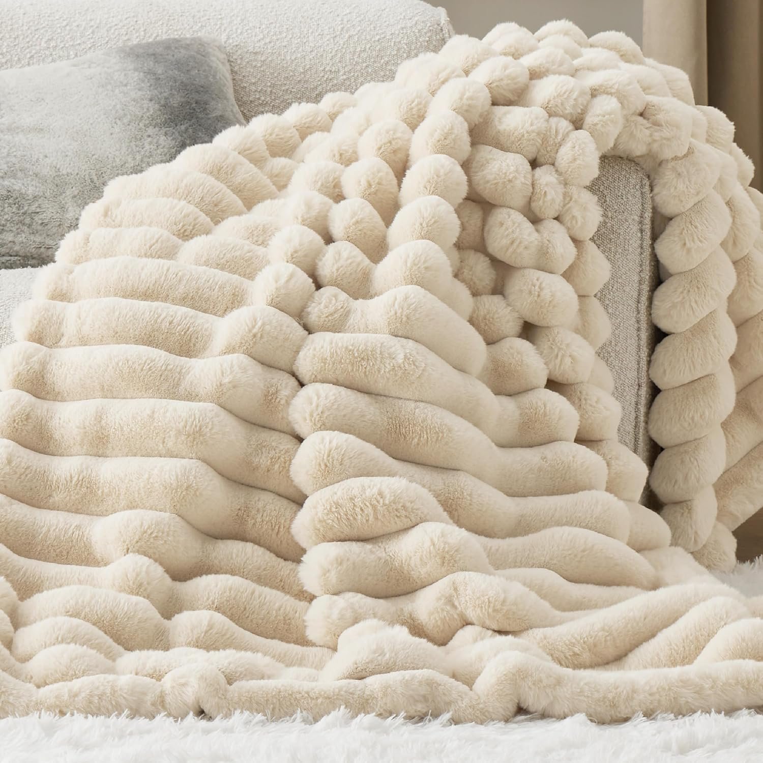 Bedsure Faux Fur Blanket, Beige Soft and Fluffy Blanket, Fuzzy Cozy Plush Throw Blanket for Couch, Sofa and Bed, Thick and Warm Blanket, Christmas Blanket Gift for Women, 50x70 inches - Image 3