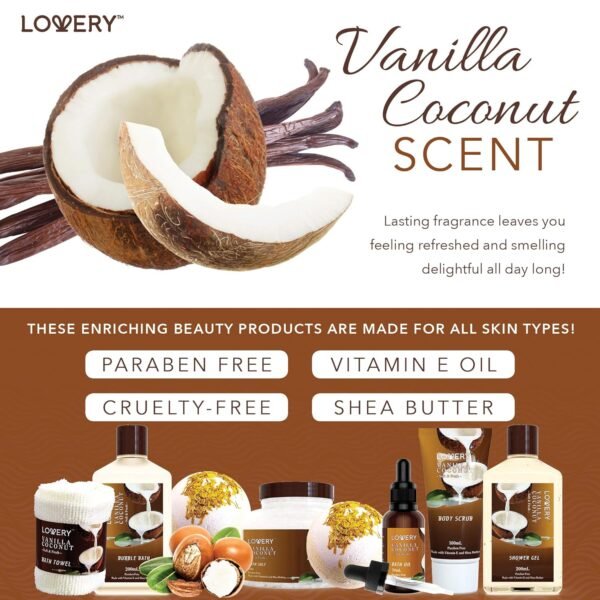 Bath and Body Gift Basket For Women and Men – 9 Piece Set of Vanilla Coconut Home Spa Set, Includes Fragrant Lotions, Extra Large Bath Bombs, Coconut Oil, Luxurious Bath Towel & More - Image 5