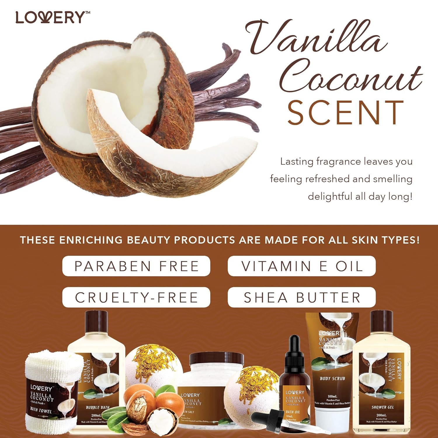 Bath and Body Gift Basket For Women and Men – 9 Piece Set of Vanilla Coconut Home Spa Set, Includes Fragrant Lotions, Extra Large Bath Bombs, Coconut Oil, Luxurious Bath Towel & More - Image 5