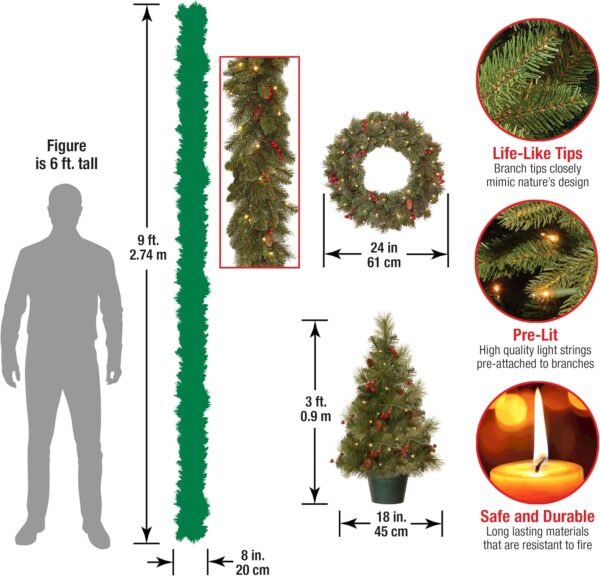 National Tree Company National Pre-lit White LED Lights Holiday Christmas 4-Piece Set | Garland, Wreath and Set of 2 Entrance Trees, No Size, Green - Image 4