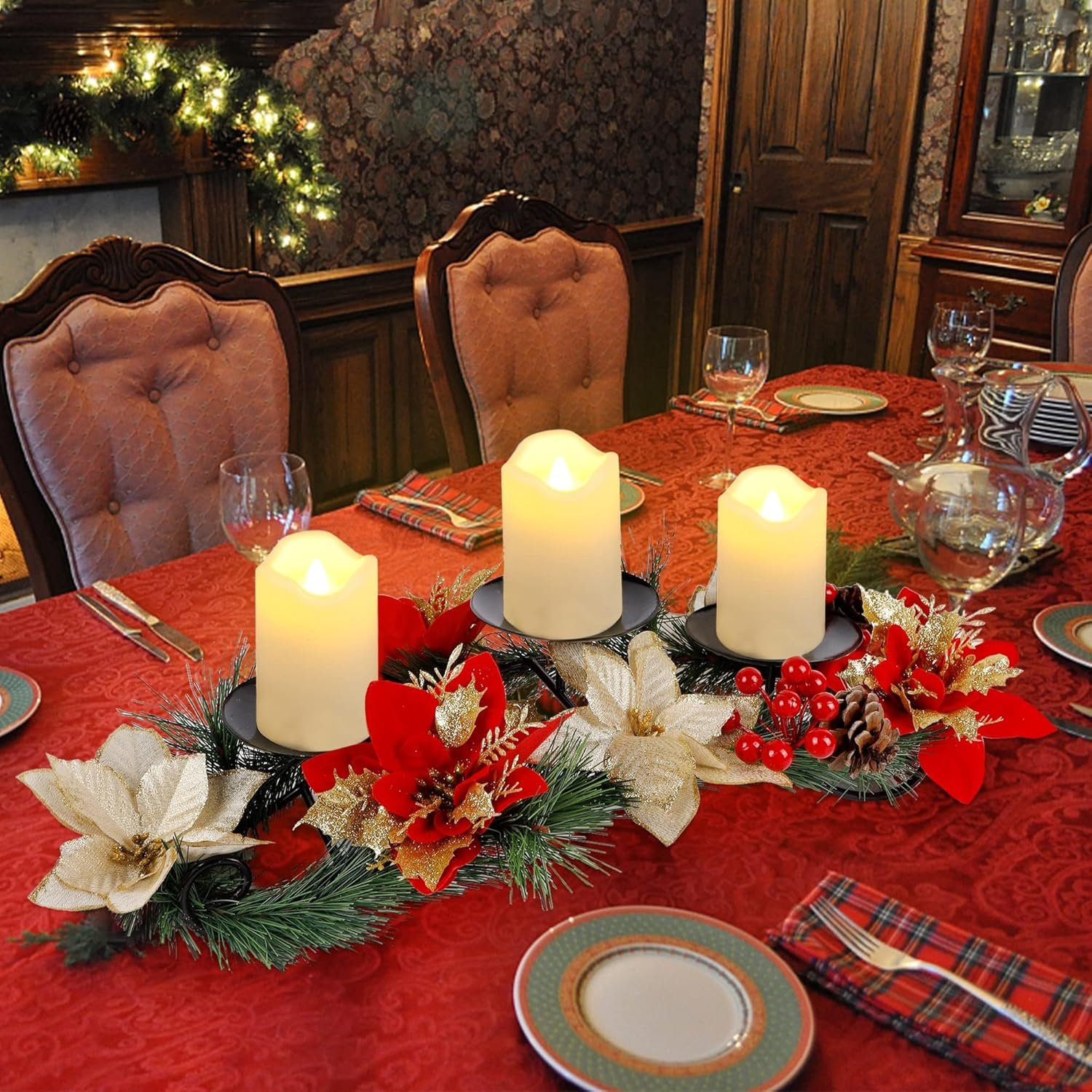 Joliyoou Christmas Tabletop Centerpieces, Metal Candle Holder with 3 Flameless Candles Lights, Poinsettia Adorned Candelabrum for Xmas Holiday Table Mantle Decoration, 17.5 x 9.8 x 4.7 Inch - Image 6