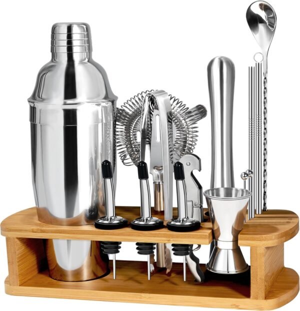 Cocktail Shaker Set Mixology Bartender Kit with Stand, 17 Piece Bar Tool Set: Martini Shaker, Jigger, Strainer, Mixer Spoon, Muddler, Liquor Pourers for Drink Mixing Bartending Kit(Silver) - Image 2