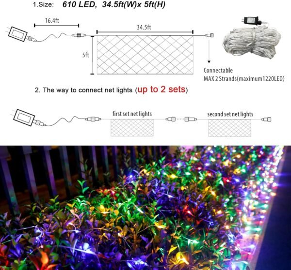 Lovelite 610 LED Christmas Net Lights, 34.5ft x 5ft Mesh Lights Outdoor Clear Wire 8 Modes, Waterproof Connectable String Lights Plug in for Bushes Xmas Tree Garden Holiday Party Decor - Multicolor - Image 7