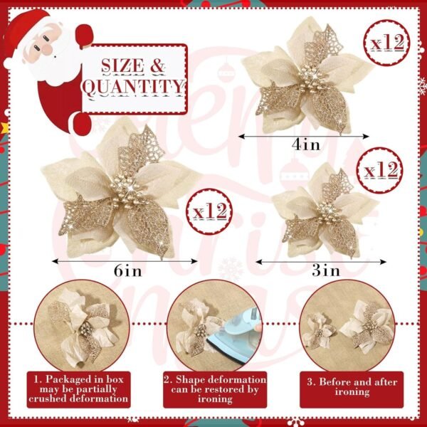 WILLBOND 36 Pieces Christmas Glitter Poinsettia Faux Flowers Christmas Flowers Decorations Wedding Xmas Tree New Year Ornaments(Gold) - Image 3