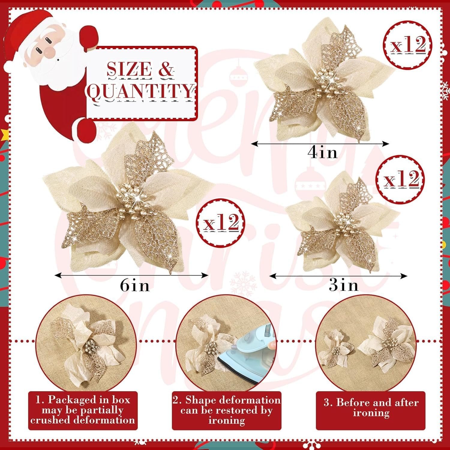WILLBOND 36 Pieces Christmas Glitter Poinsettia Faux Flowers Christmas Flowers Decorations Wedding Xmas Tree New Year Ornaments(Gold) - Image 3