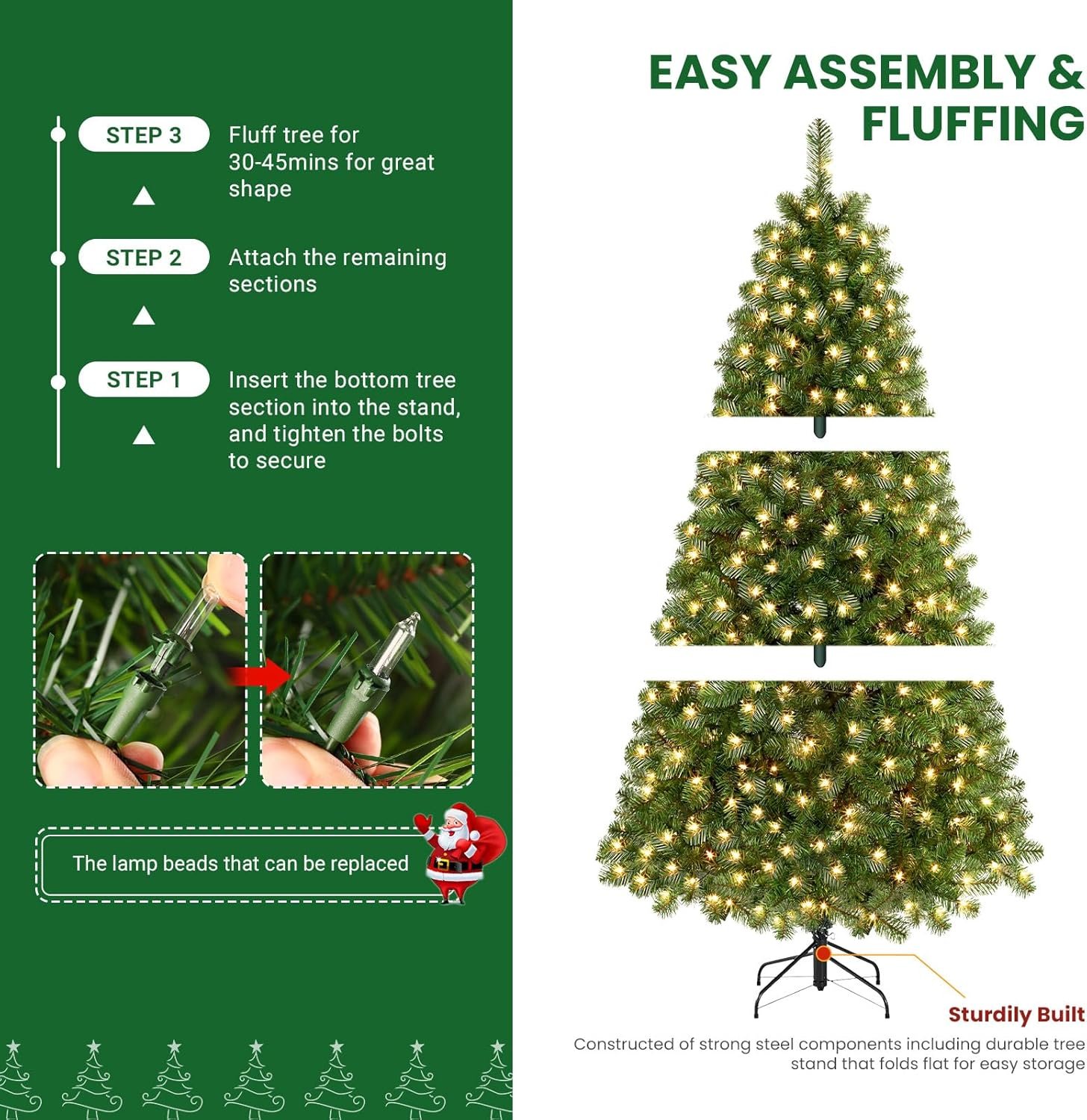 SHareconn 7.5ft Prelit Premium Artificial Hinged Christmas Tree with Pre-lit 350 Warm White Lights, 998 Branch Tips and Foldable Stand, Perfect Choice for Xmas Decoration, 7.5 FT, Green - Image 5