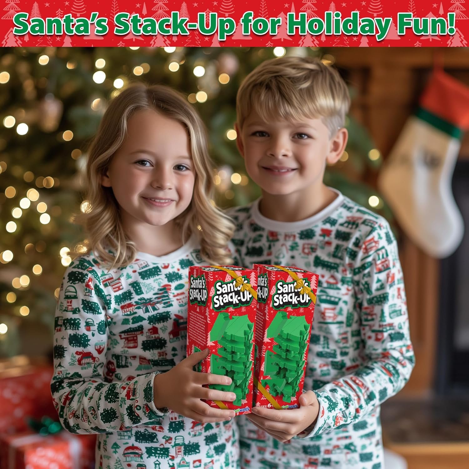 Funwares Wooden Blocks Stacking Game, Tumbling Tower and Balance Game, Family & Party Fun, Game for Kids and Adults, Ages 6+, Santa’s Christmas Tree Stack-Up, Christmas Tree Wood Blocks Stacking Game - Image 3