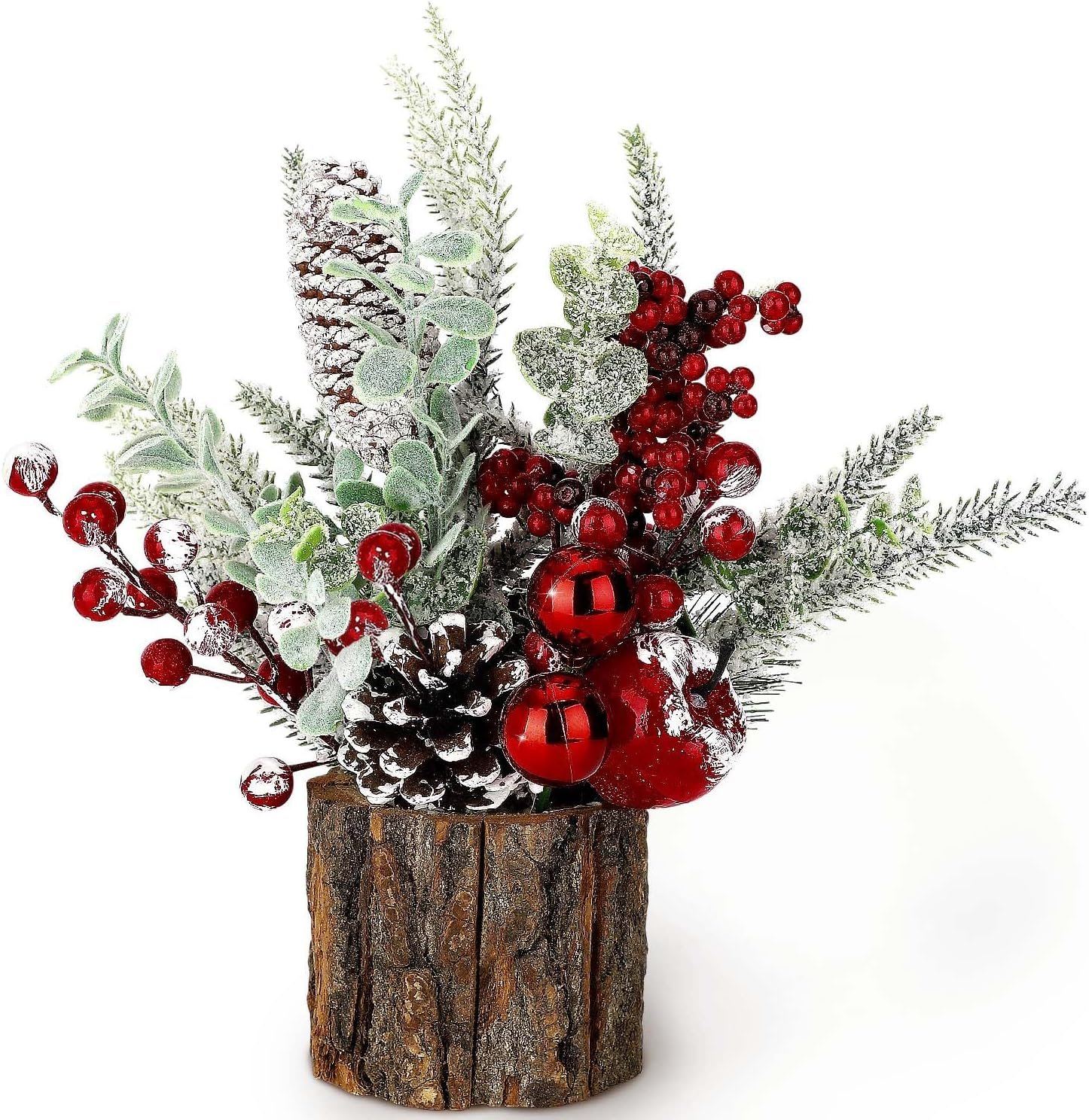 Small Christmas Tree Tabletop Artificial Mini Christmas Tree Decorations with Holiday Ornaments Red Berry Pine Cone Greenery for Home Indoor Fireplace Mantel Xmas Decor (Tree Stump-Red) - Image 2