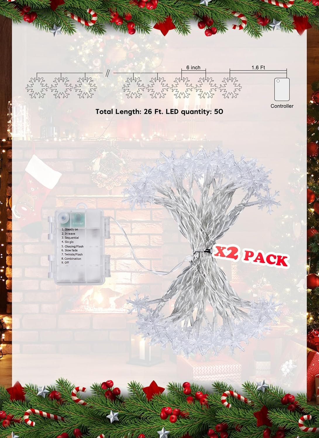 Christmas Snowflakes Light, Snowflakes Holiday Lights with Battery Operated, Waterproof Shatterproof Snowflake Decorative Xmas Fairy Lights for Outdoor Xmas Decor (Pure White, 2 Pack) - Image 3