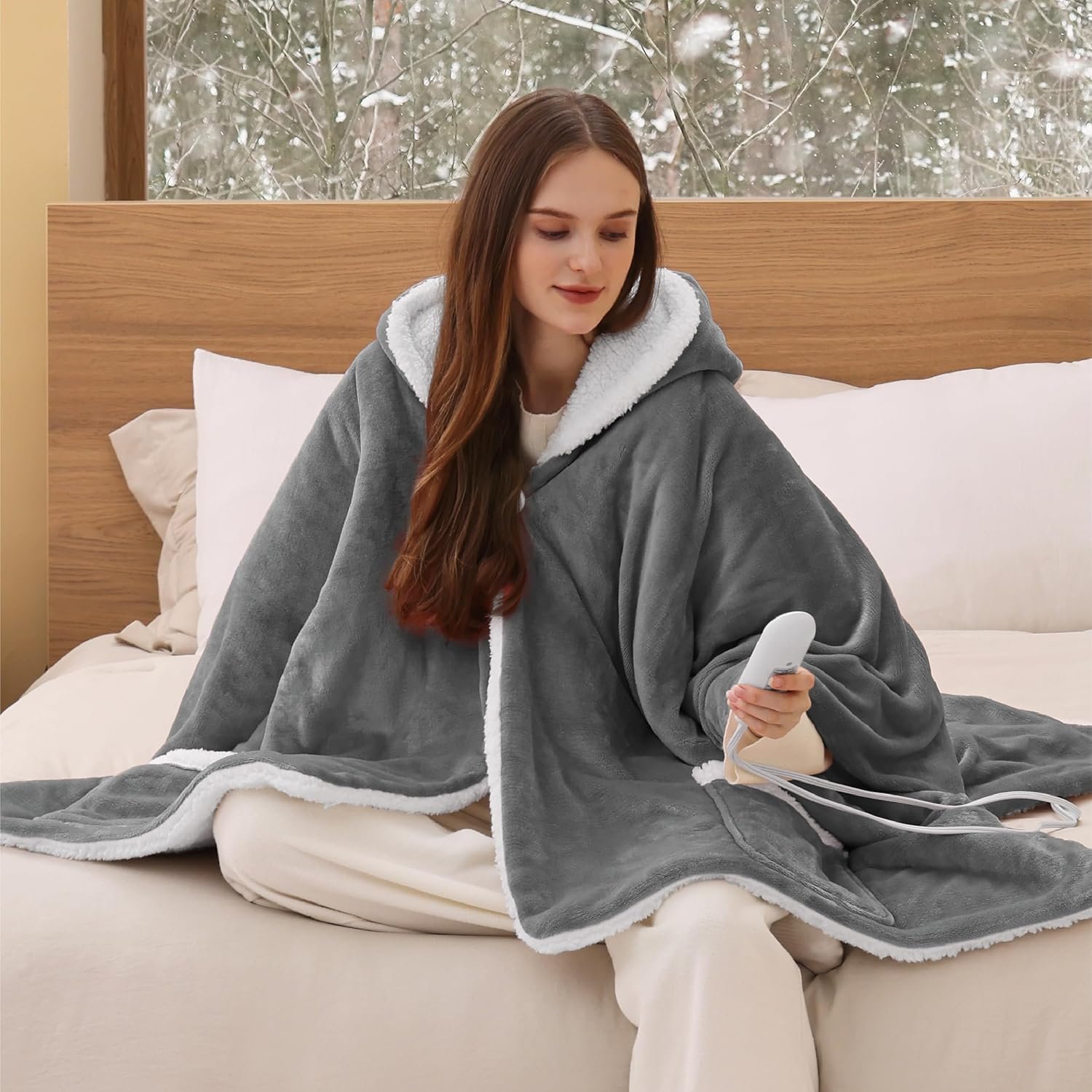 Bedsure Heated Blanket Wearable Shawl - Electric Wrap Poncho Blanket Hoodie for Adult, Winter Gifts for Mom Women Girlfriend Grandma, Warm Sherpa Heating Throw, Auto Shut Off, 50x64 inches, Grey - Image 9
