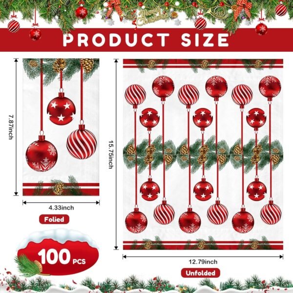 100 PCS Christmas Disposable Paper,3 Ply Decorative Guest Napkins,Xmas Balls for Party Lunch Dinner Kitchen Bathroom Table Decor - Image 3