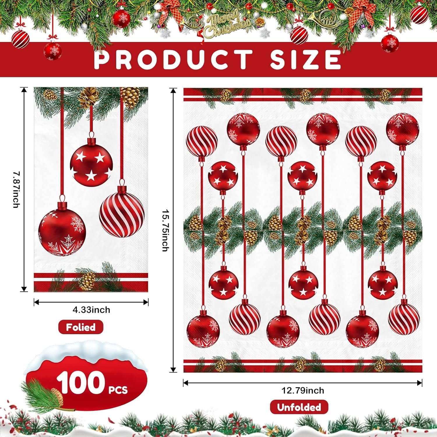 100 PCS Christmas Disposable Paper,3 Ply Decorative Guest Napkins,Xmas Balls for Party Lunch Dinner Kitchen Bathroom Table Decor - Image 3