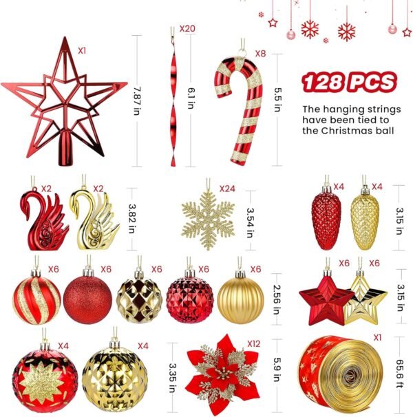 128pcs Christmas Balls Ornaments Set, Shatterproof Plastic Baubles Christmas Flowers, Ribbon and Tree Topper for Xmas Tree Holiday Wedding Party Decorations with Hanging Strings, Red and Gold - Image 3