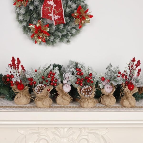 winemana 6 Pcs Mini Christmas Tree Table Decorations, 9" Small Artificial Trees with Red Berries Pine Cone Tabletop Centerpiece for Home Office Room Holiday Decorations - Image 6