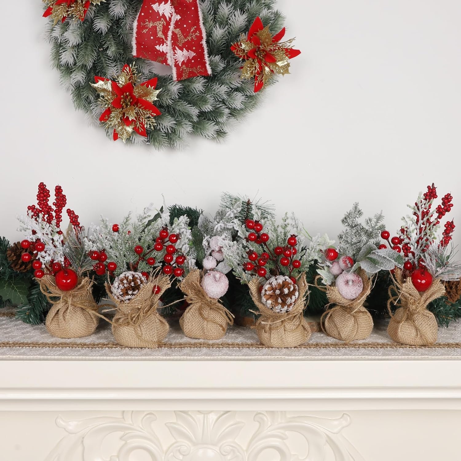 winemana 6 Pcs Mini Christmas Tree Table Decorations, 9" Small Artificial Trees with Red Berries Pine Cone Tabletop Centerpiece for Home Office Room Holiday Decorations - Image 6