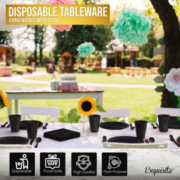 364 Pcs Black Disposable Plates For Party, Black Plastic Plates Set Includes: 52 Of Each 9" Plastic Dinner Plates, 7" Dessert Plates, Cups, Napkins & Cutlery Plastic Dinnerware Set Exquisite - Image 6