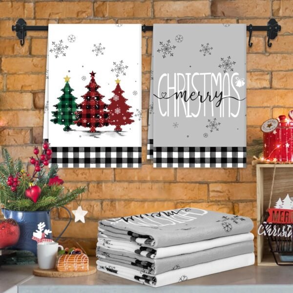 4 Pack Christmas Kitchen Towels, Black White Buffalo Plaid Christmas Dish Towels 18 x 26 Inch, Xmas Trees Truck Farmhouse Christmas Hand Towels for Kitchen Home Winter Holiday Decorations - Image 3