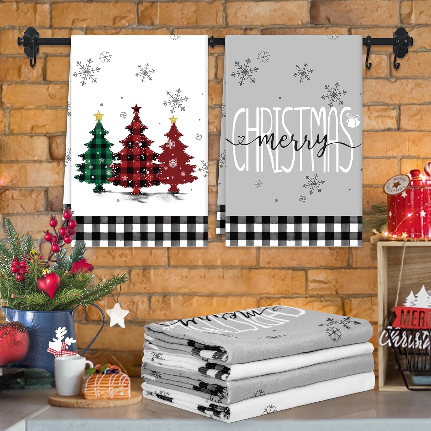 4 Pack Christmas Kitchen Towels, Black White Buffalo Plaid Christmas Dish Towels 18 x 26 Inch, Xmas Trees Truck Farmhouse Christmas Hand Towels for Kitchen Home Winter Holiday Decorations - Image 3