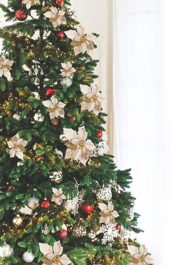 Boao 24 Pieces Christmas Artificial Glitter Poinsettia Flowers Xmas Flowers Wedding Christmas Tree New Year Ornaments(Gold) - Image 5