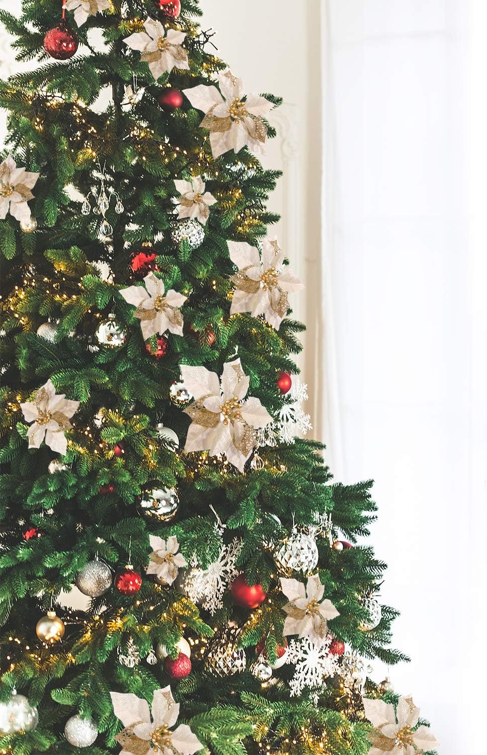 Boao 24 Pieces Christmas Artificial Glitter Poinsettia Flowers Xmas Flowers Wedding Christmas Tree New Year Ornaments(Gold) - Image 5