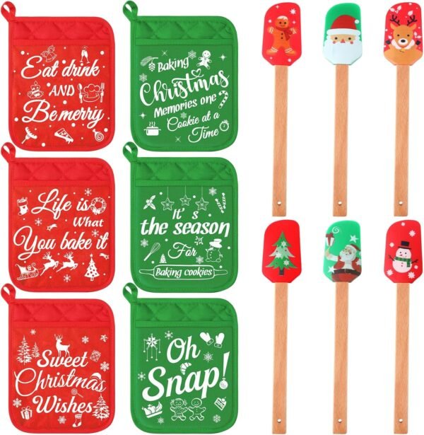 Yaomiao 12 Pcs Christmas Pot Holders with Silicone Spatula Set Silicone Spatula Set with Wooden Handles Pot Holders for Kitchen Christmas Kitchen Utensils Christmas Baking Gifts for Xmas (Cute) - Image 2