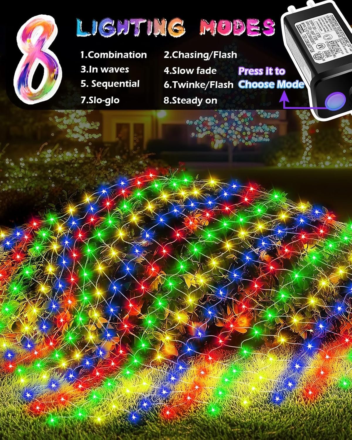 Christmas Net Lights 9.8ft x 6.6ft, 200 LED Outdoor Mesh Lights with 8 Modes, Waterproof Bush String Lights for Home Garden Yard Xmas Decorations Connecable, Timer (Multicolor) - Image 3