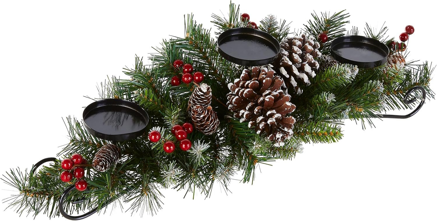 National Tree Company Artificial Christmas Centerpiece | Includes 3 Candle Holders, Red Berries, Pine Cones and Steal Base | Frosted Berry - 30 Inch - Image 2
