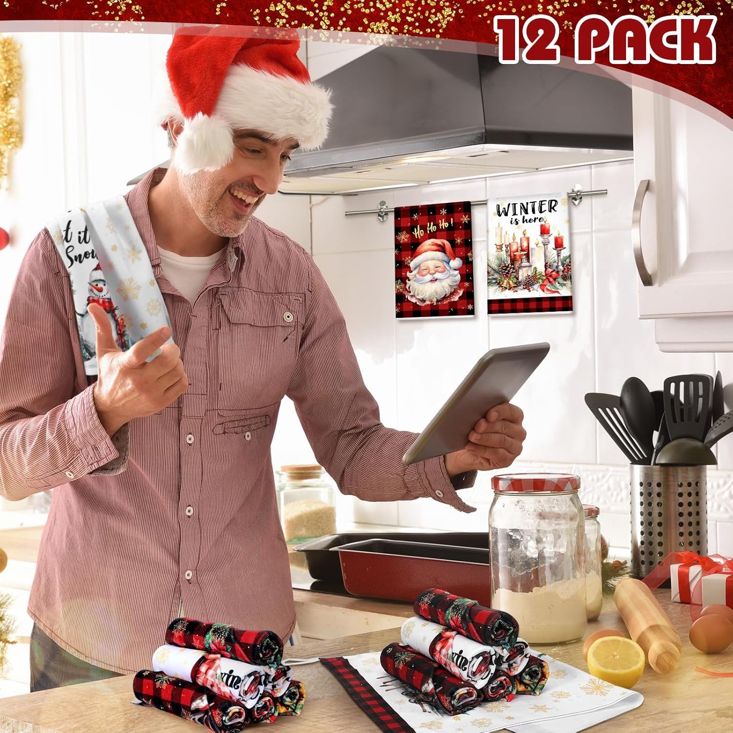 12 Pcs Christmas Kitchen Towels and Dishcloths Absorbent Christmas Tree Reindeer Truck Hand Towels Christmas Dish Towels Decoration for Xmas Home Gift, 14.2 x 21.3 Inch (Fresh Style) - Image 5