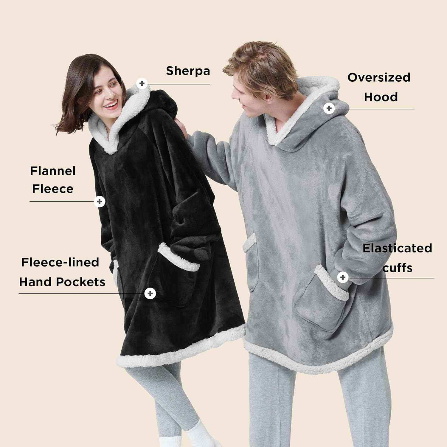 Bedsure Wearable Blanket Hoodie for Adult & Kids - Sherpa Blanket Hoodie as Gifts for Mom Women, Cozy Sweatshirt Blanket, Grey, Standard - Image 3