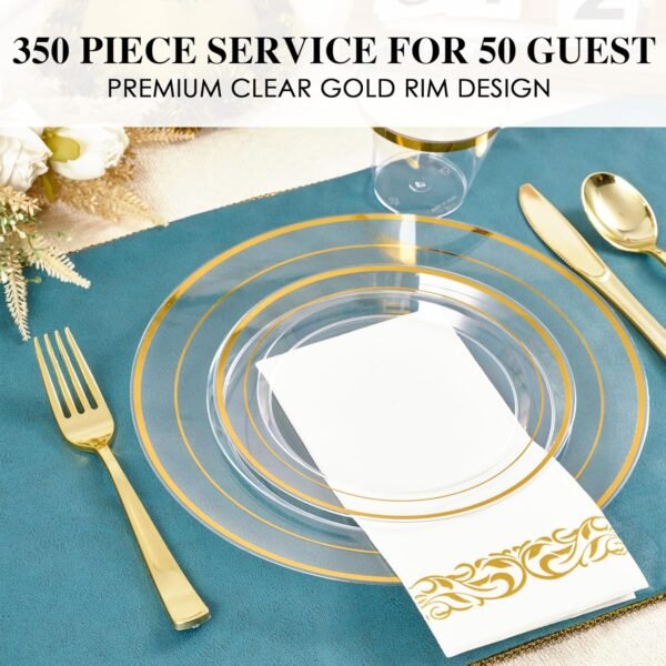 FOCUSLINE 350 Clear Gold Dinnerware Set for 50 Guests, Clear Plastic Plates with Gold Rim Disposable Heavy Duty, Including 50 Dinner Plates, 50 Dessert Plates, 50 Napkins, 50 Cups, 50 Silverware Set - Image 3