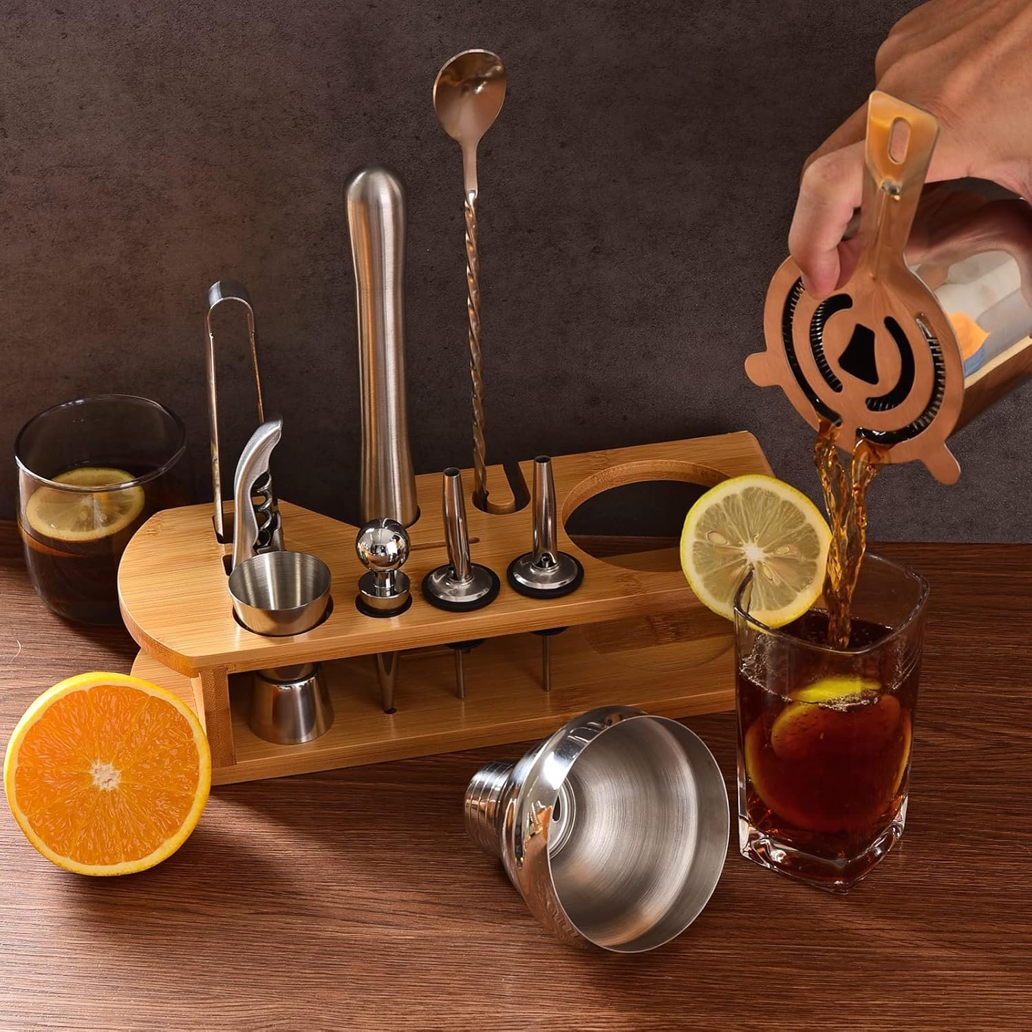 Cocktail Shaker Set Bartender Kit : 12-Piece Bar Tool Set with Bamboo Stand | Bar Set with All Practical Bar Accessories, for Drink Mixing, Bar, Home, Lounge & Party (Silver) - Image 7