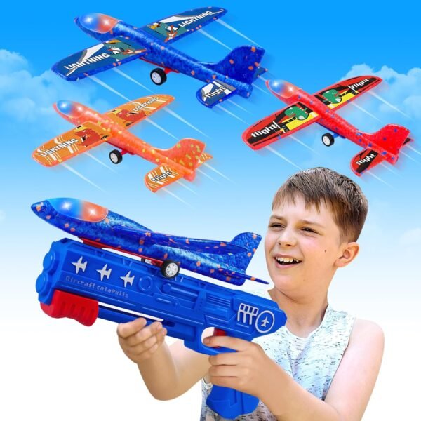 3 Pack Airplane Launcher Toys, 2 Flight Modes LED Foam Glider Catapult Plane, Outdoor Flying Toy for Kids, Birthday Gifts for Boy Girl 6+ Year Old, B-Day Party Supplies - Image 2