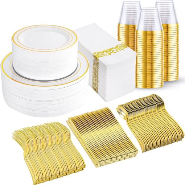 350 Pcs Gold Dinnerware Set, Plastic Plates Disposable for 50 Guests Include:50 Gold Rim Dinner Plates, 50 Gold Dessert Plates, 50 Paper Napkins, 50 Cups, 50 Gold Silverware Set Perfect for Party - Image 2